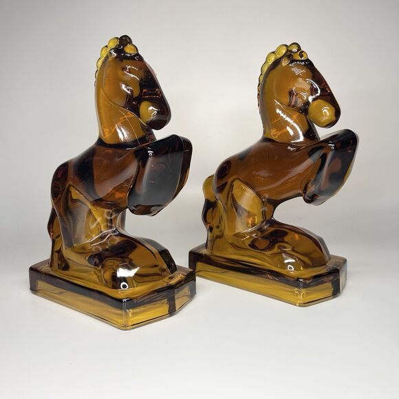 Vintage Rare L.E. Smith Amber Satin Glass Rearing Horse Bookends Pair Of 2 MCM - Picture 1 of 13